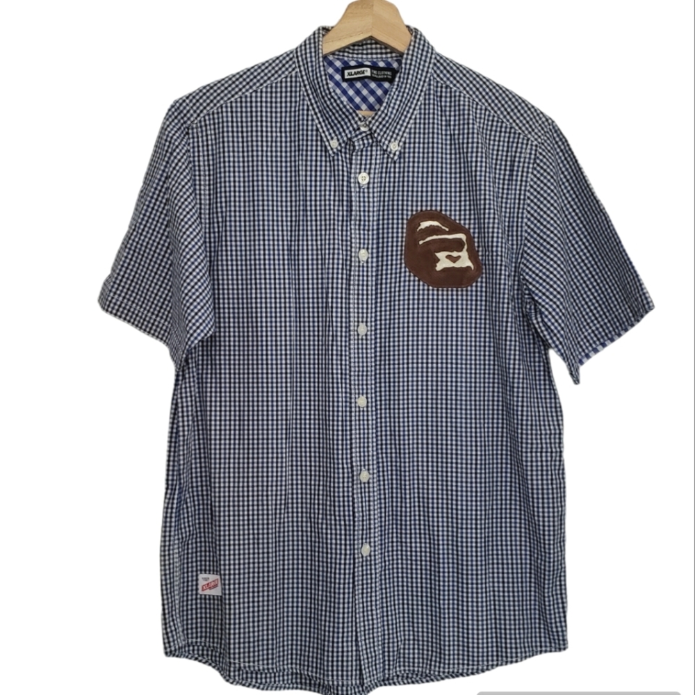 XLarge Fine Clothing Shirt Button Down Casual Blue Plaid Gorilla Logo Size XL